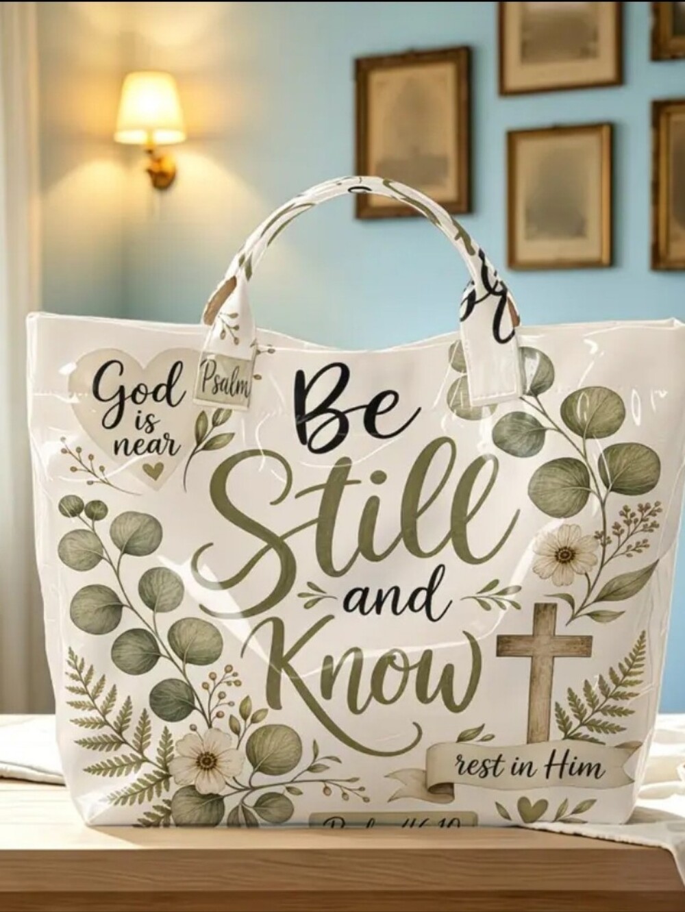 Inspirational "Be Still and Know" PVC Tote Bag